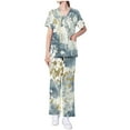 thumbnail image 3 of BiZtdJrK Scrubs Sets for Women Nurse Scrub Uniform Fashion Printed Short Sleeve V Neck Tee Tops and Loose Wide Leg Pants 2 Piece Outfits Multicolor S, 3 of 7
