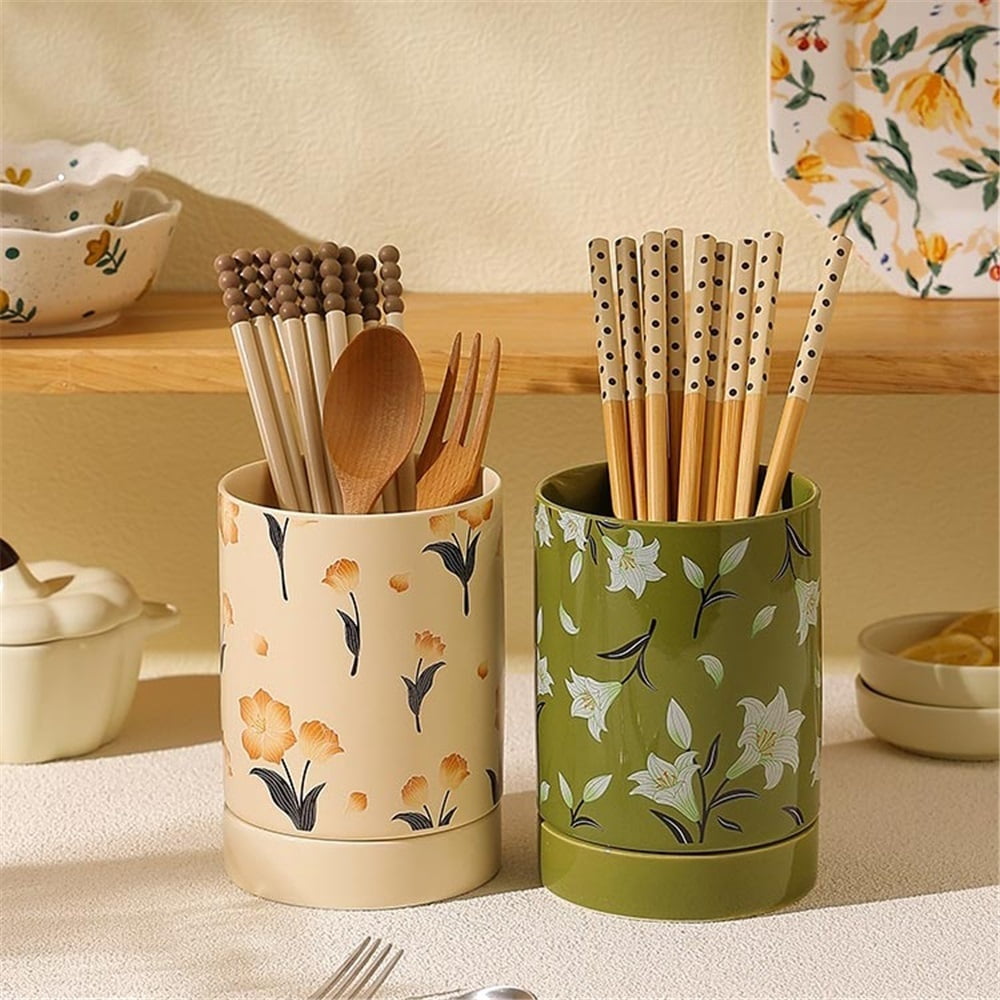 Ceramic Utensil Holder,  Kitchen Utensil Crock for Counter Drying Rack with Drain Tray