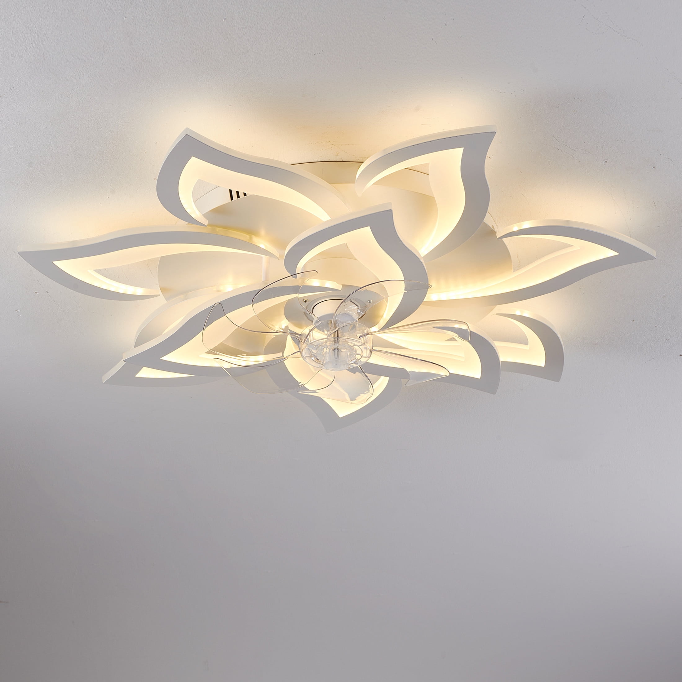 GDF Studio 10-Head Flower Modern Ceiling Fan with LED Lights & Remote Control, Low Profile Flush Mount Fandelier, White