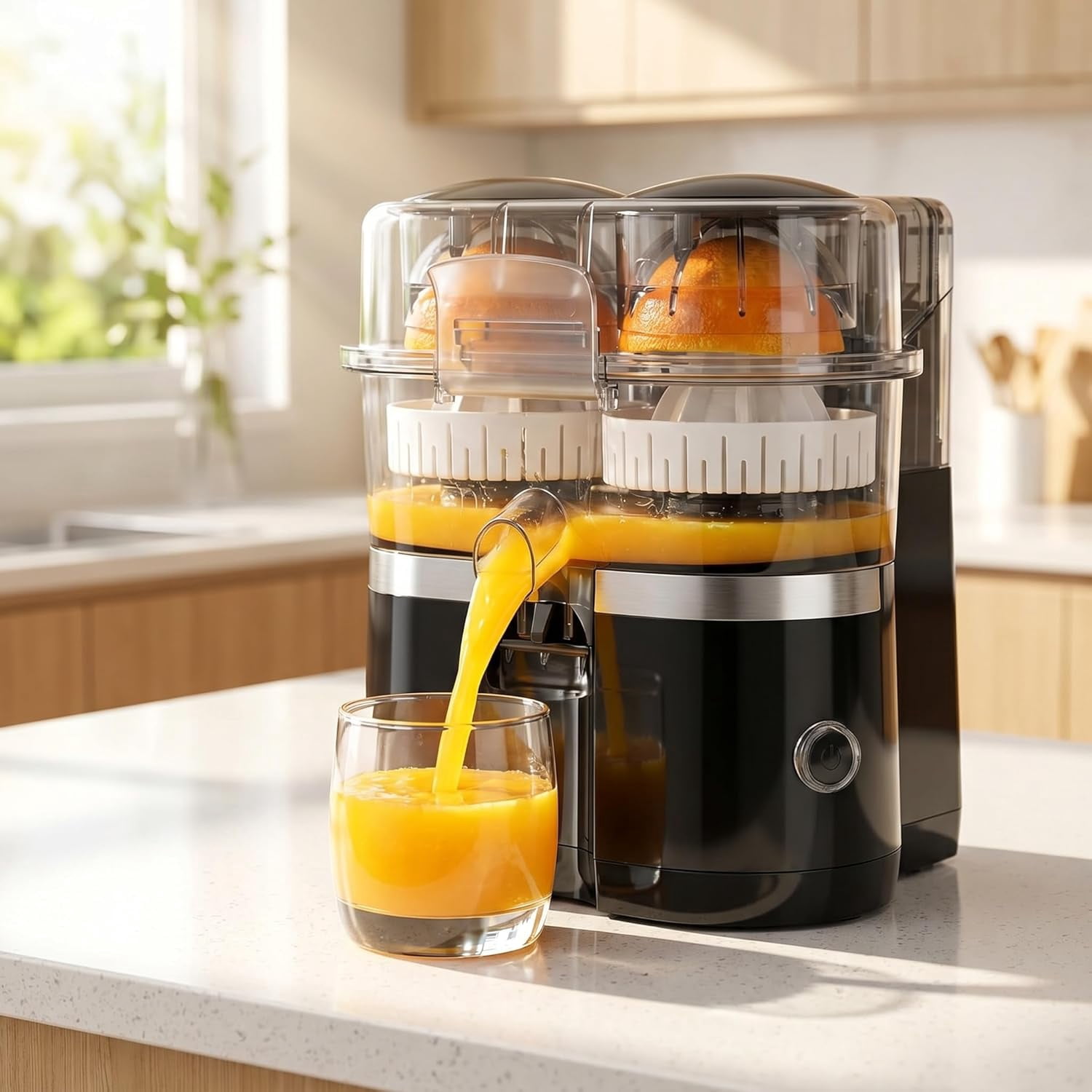 Dual-Head Automatic Citrus Juicer, Dual-Head Electric Citrus Juicer, Portable Lemon Squeezer Machine with Built-In Cutter and Cleaning Brush, One-Touch Squeezer for Orange & Lemon (#A)