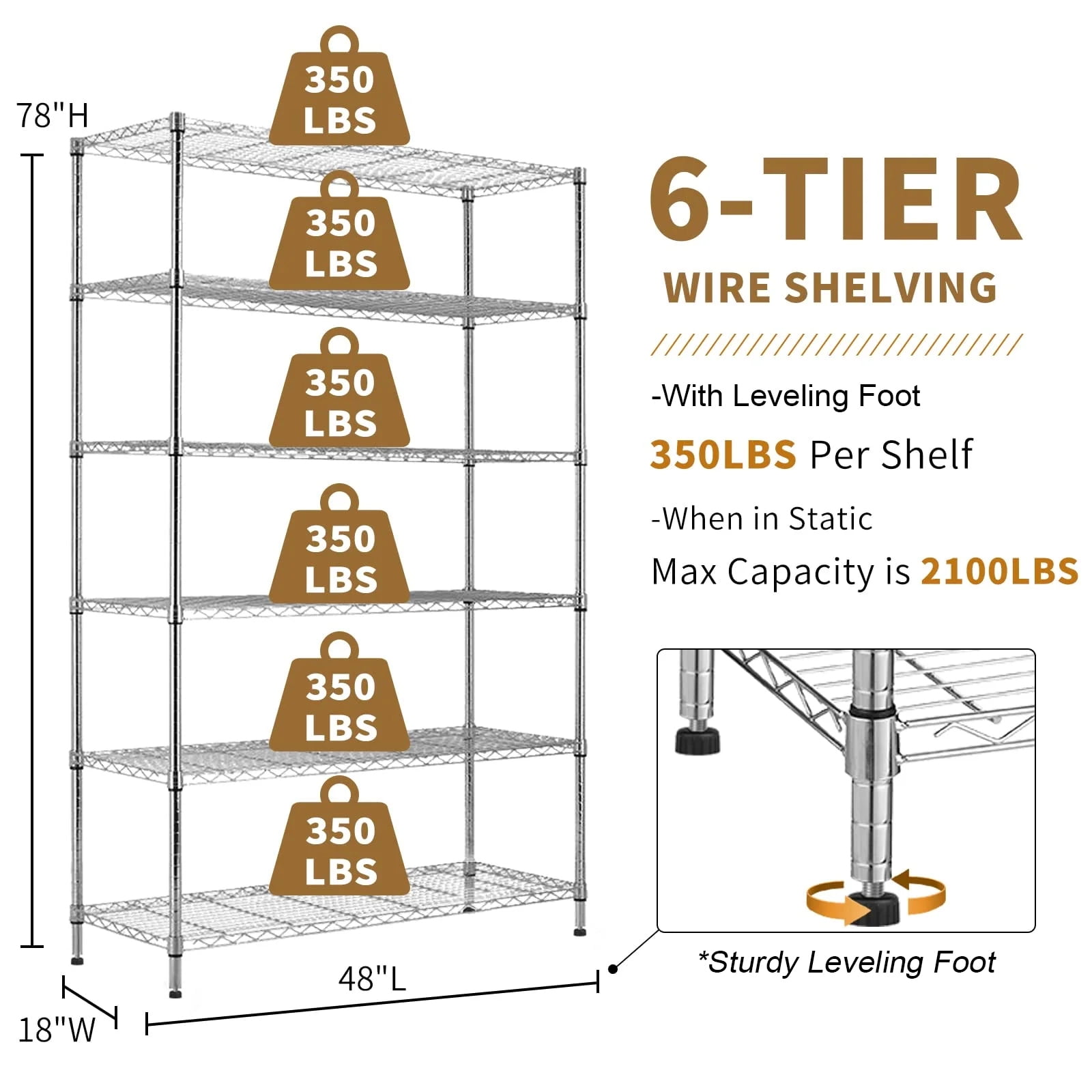 6-Tier Wire Shelving Unit 2100Lb Capacity Adjustable Storage Shelves Heavy Duty Storage Rack with Wheels NSF Metal Shelf for Closet Kitchen Garage Basement, 48" L x 18" W x 82" H, Chrome