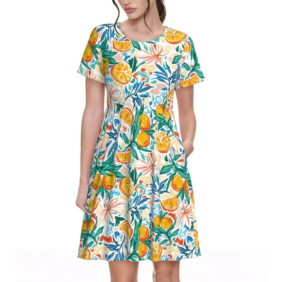Vsdgher Fruits Colorés pour Femmes Été 2025 Décontracté Robes Midi Maxi Légères Manches Courtes Col Rond Robe de Plage