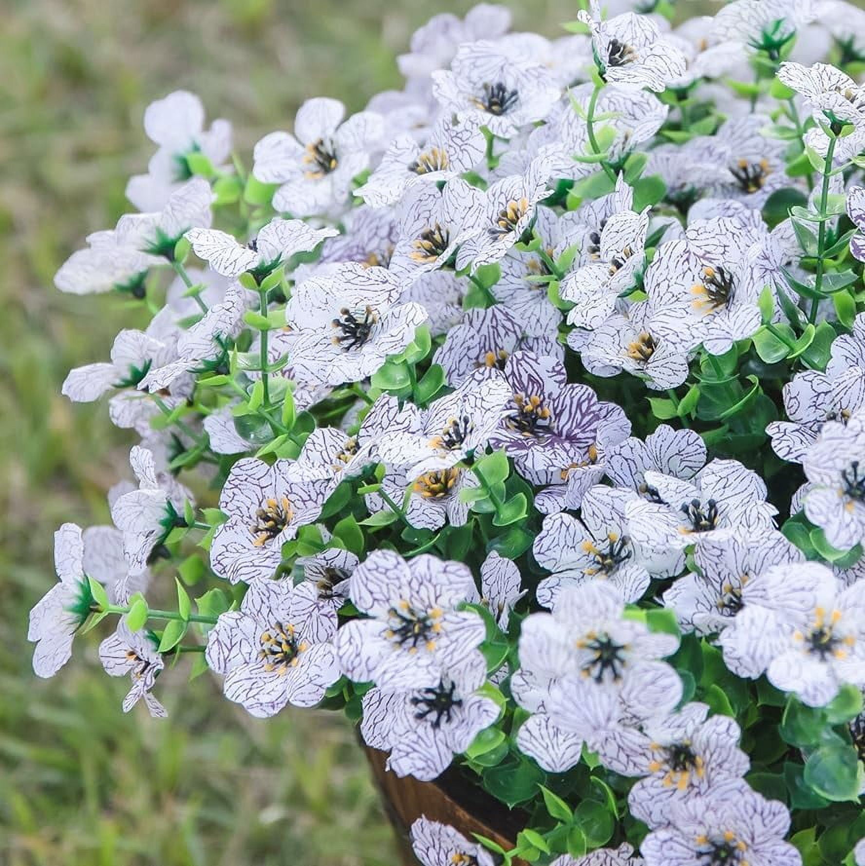 Artificial Faux Plants Flowers Outdoor Spring Decoration, 12 Bundles Fake Silk Colorful Daisy Eucalyptus Realistic UV Resistant for Outside Home Planter Porch Patio Window Yard Decor (Mix)