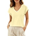 thumbnail image 4 of Rggeeun Women's Tee Shirts Solid Color V Neck Short Sleeve Loose Fit Soft Breathable for Summer Party Comfort Tees,Yellow,Xl, 4 of 5