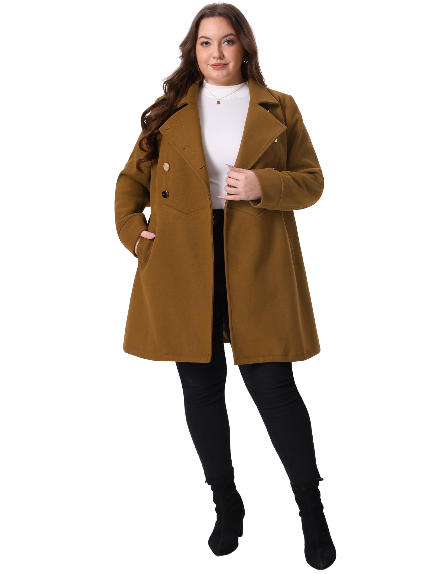 DARING DIVA Women's Plus Size Turn Down Collar Double Breasted A Line Coat 2X Deep Brown