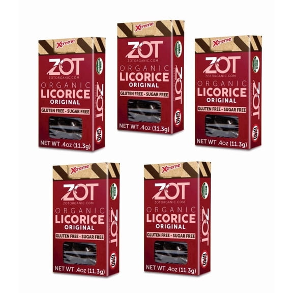 ZOT Organic Licorice extract, Original flavor, Small Hard Bits, Bold Licorice Treat, Sugar-Free, Gluten Free, 0.4 oz flip-top box, Set of 5
