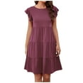 thumbnail image 2 of Women ‘s Summer Ruffle Sleeve  Neck Mini Dress Solid Color Casual Loose Flowy Swing A Line Pleated Beach Sundress, 2 of 7
