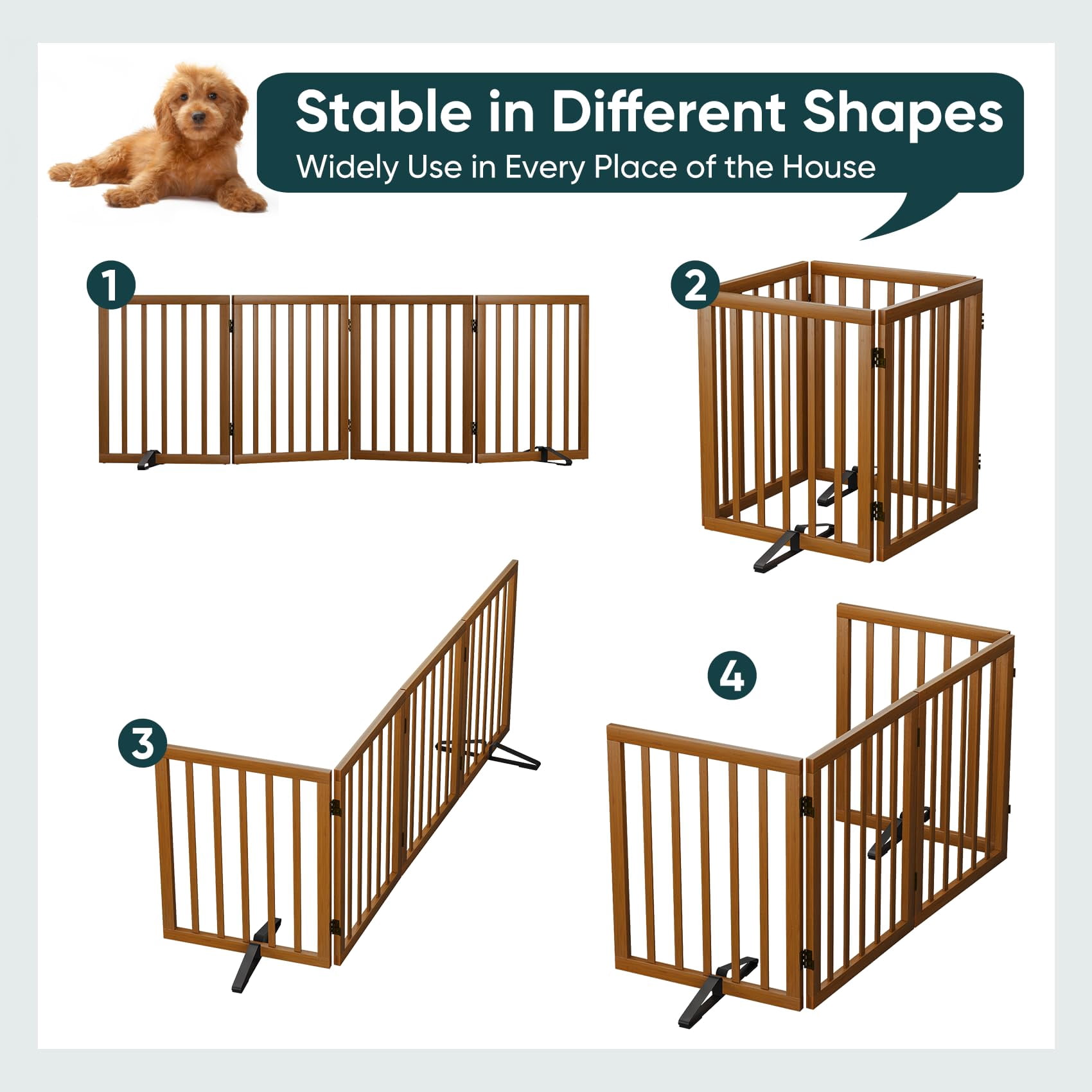 Smart FENDEE Bamboo Dog Gate Freestanding Pet Gate with 2 Support Feet for Doorways,Walnut,24"H,4 Panel