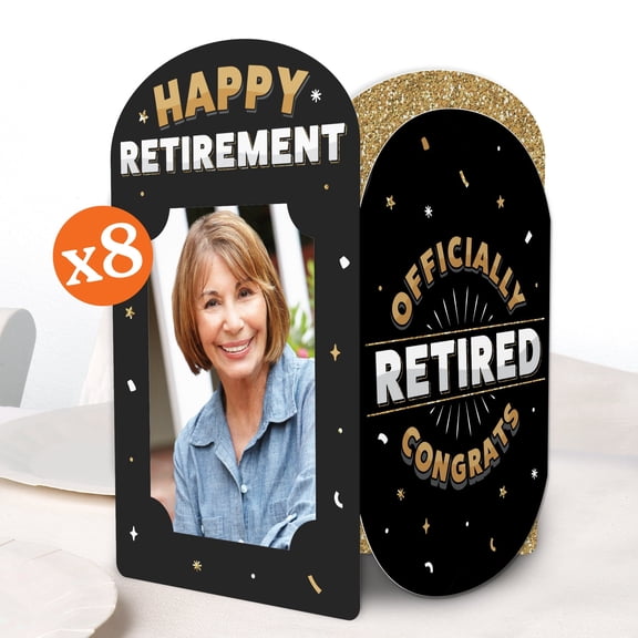 Big Dot of Happiness Happy Retirement Photo Holder Centerpieces, 4x6 Picture Display Box, Black & Gold Table Decoration Centerpiece for Officially Retired Party Decor, 8 Count