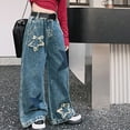 thumbnail image 4 of KVPLBQFD Girls Straight Leg Jeans Star Applique Distressed Jeans for Kids High Waist Baggy Denim Pants Teens Y2k Casual Loose Trousers, 4 of 6