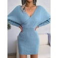 thumbnail image 4 of Women'S Cocktail Batwing Long Sleeve Wrap Knit Sweater Mini Dress  Blue L, 4 of 9