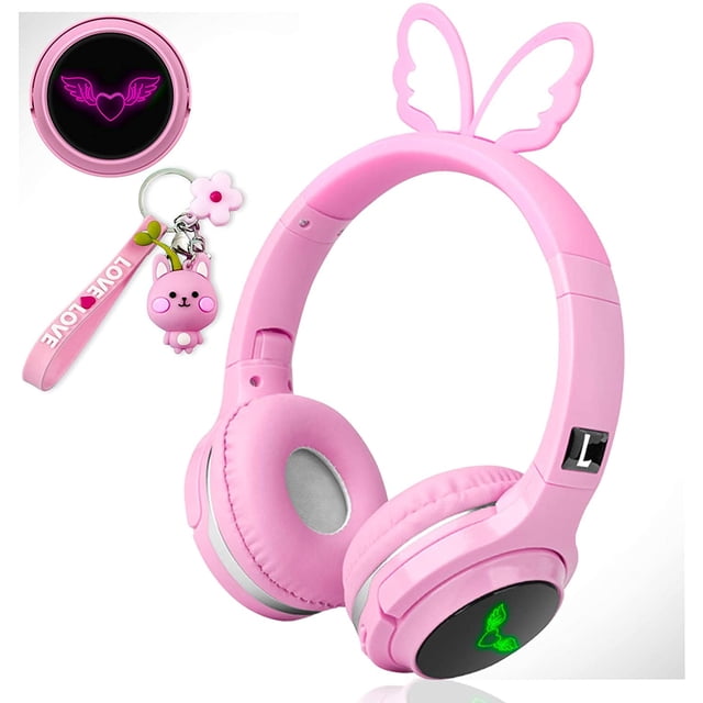 Auriculares inalámbricos para niños, niñas, mujeres y adolescentes en rosa con Bluetooth para smartphones/iPhone/iPad/Laptop/PC/TV. Con micrófono, luces LED y plegables Rojo Verde Dibujos animados