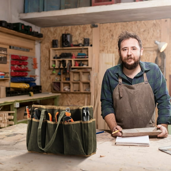 Sutowe Waxed Canvas Multi Pocket Tool Tote Bag Large Capacity Waterproof Gardening Tool Bag With Portable Handle for Gardener Electrician Contractor Repairman