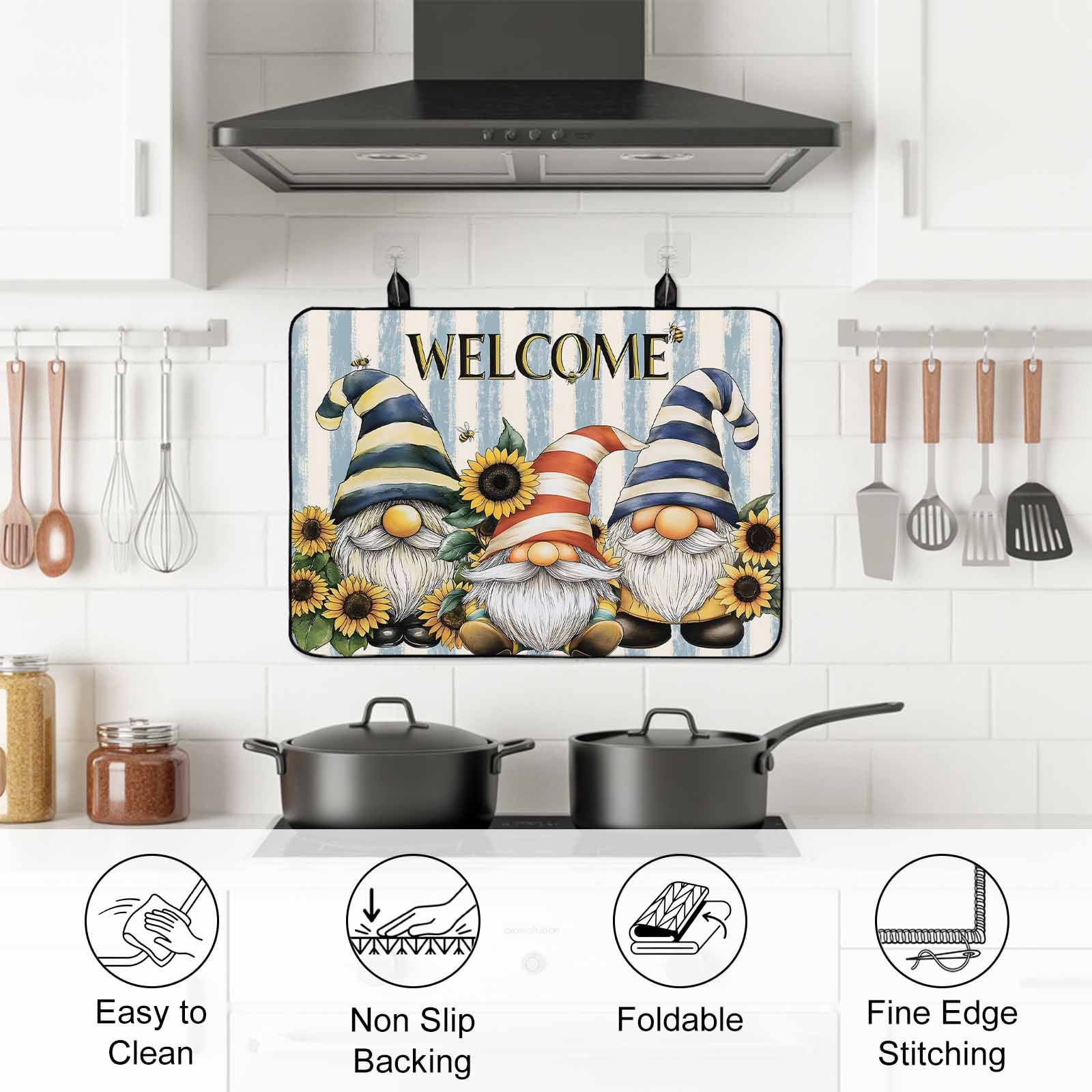 Sunflower Gnomes Stove Top Cover for Electric Stove, Heat-proof & Non Slip Glass Top Stove Cover Protector, Farmhouse Striped Bee Yellow Summer Flower Kitchen Flat Cooktop Rubber Mat 31x24 Inches
