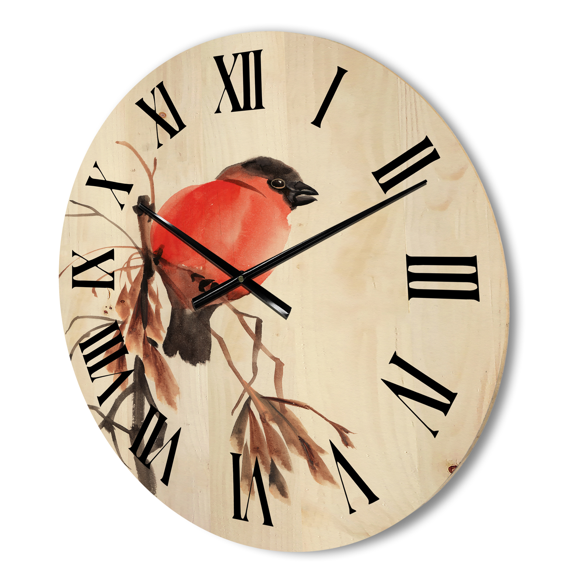 Designart 'Red Bullfinch Bird Sitting On A Branch' Traditional Wood Wall Clock