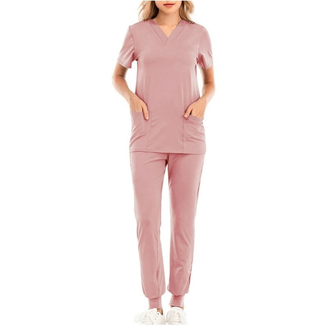 WRKEKC Scrubs for Women Solid Color Drawstring Waist Pocket Pants with Short Sleeve Stretch V-Neck Top Work Uniform