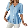 thumbnail image 2 of Mifsaly Womens Peplum Tops V Neck Puff Sleeve Button Down Shirts Ruffle Hem Fitted Waist Summer Casual Elegant Tunic Top Light Blue,XL, 2 of 7