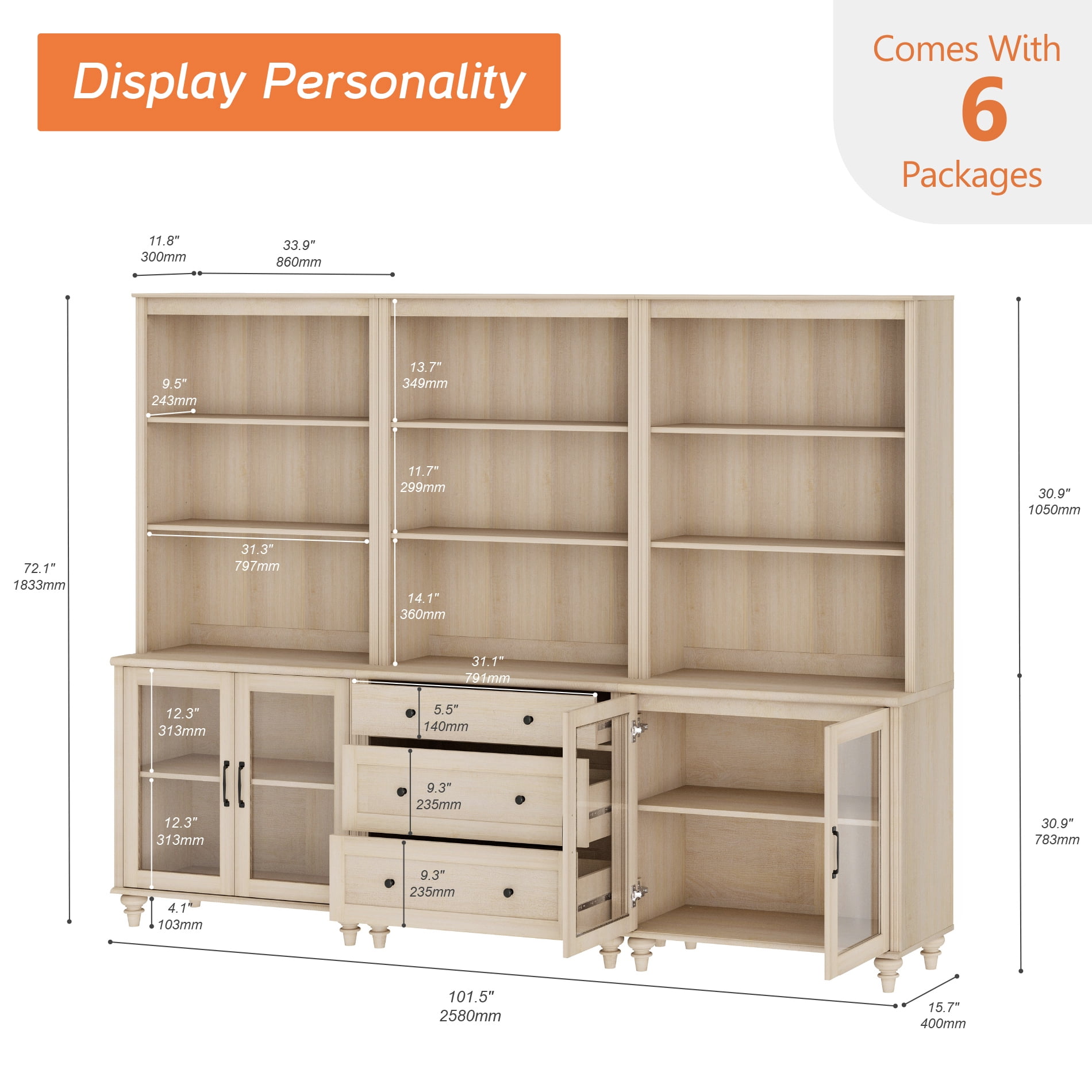 Farmhouse 5 Tier Bookcase With 4 Glass Doors and 3 Drawers, Beige, 101.6" W