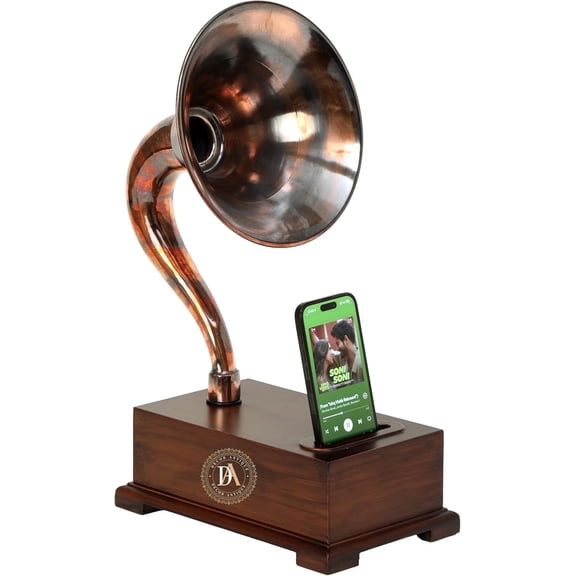 DÉCOR ANTIQUE Handcrafted Non-Electric Wooden Brass Speaker Gramophone Vintage Style for Table Decor