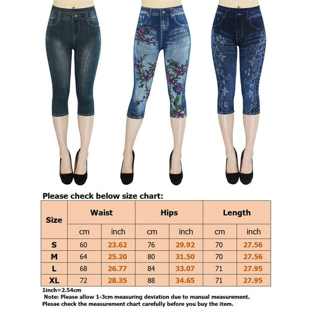 Womens Stretchy Denim Print Pants Denim Look Skinny Legging Capri