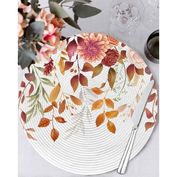 13 Inch Round Placemats Set of 4, Thanksgiving Flowers Non Slip Heat Insulation PP Table Mats, Farmhouse Autumn Floral Leaves Washable Place Mats for Kitchen Dining Party Table Decor
