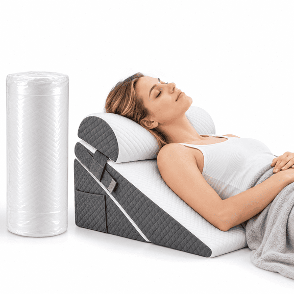 ICREOPRO Adjustable Foldable Bed Wedge Pillow for Sleeping, 3 Angles, 25D Support Foam, Removable D-Shaped Bolster, Washable Cover, White and Gray