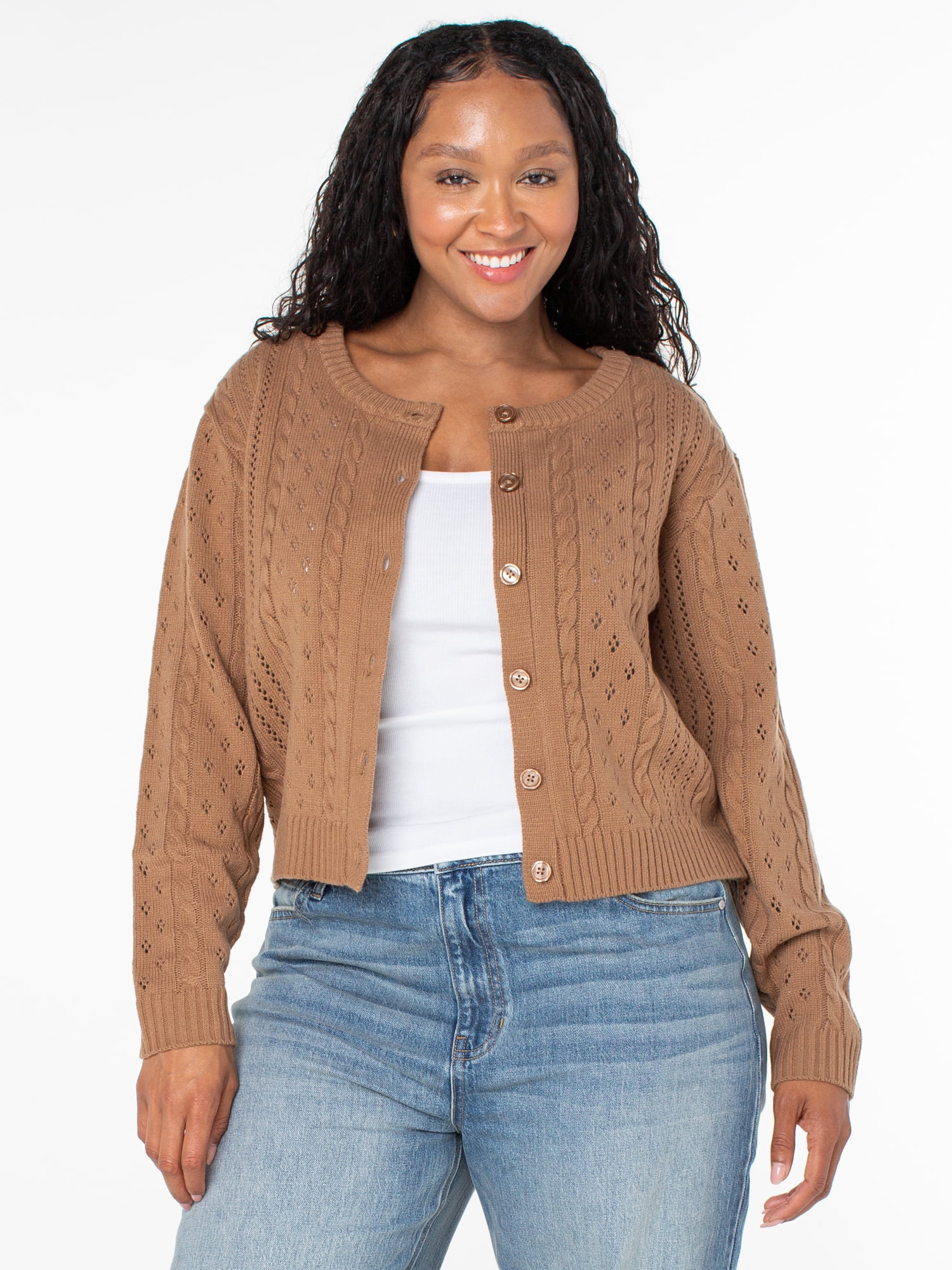 Celebrity Pink Women's Pointelle Crew Neck Cardigan Sweater, Sizes XS-4X