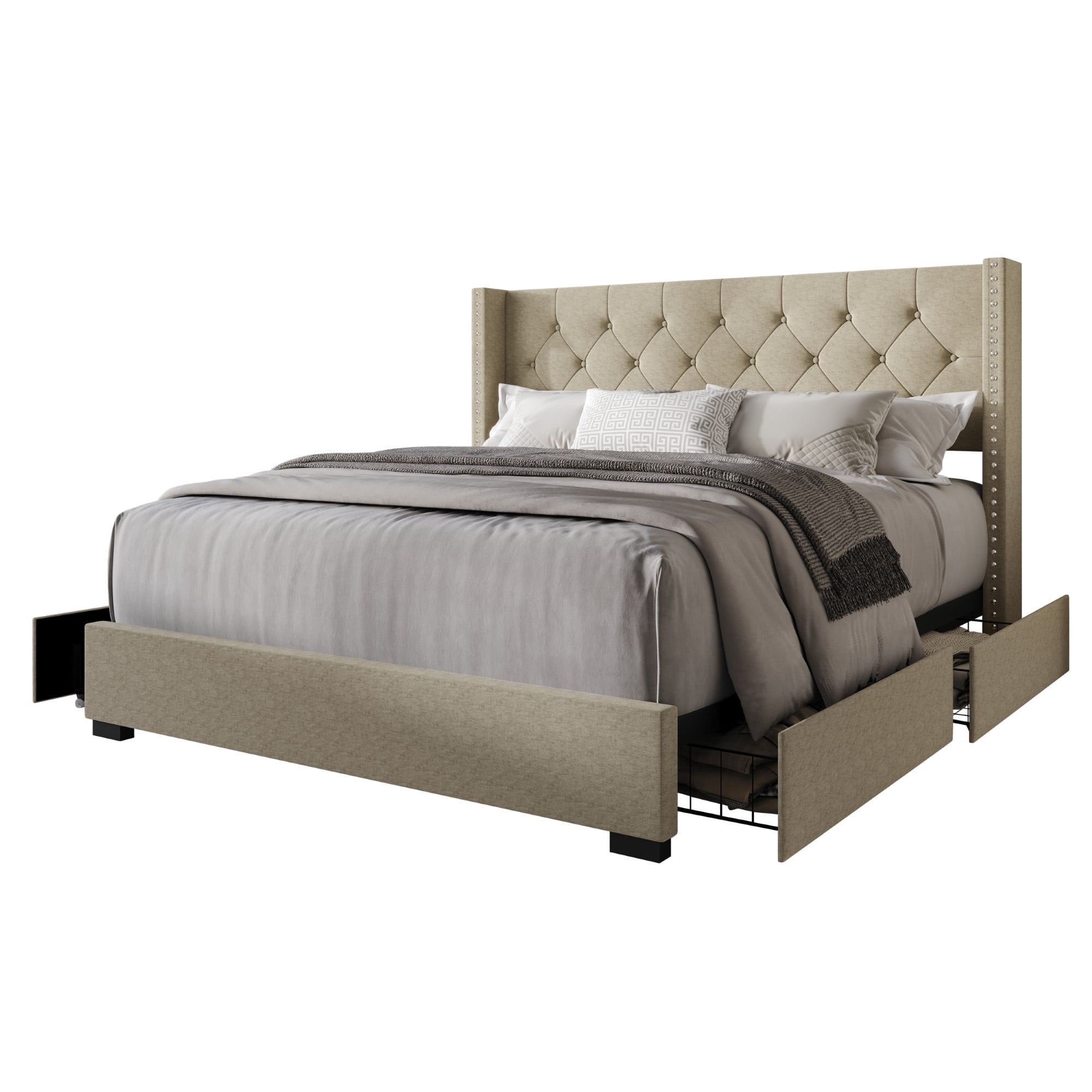 Home Design Greeley King Tufted Upholstered Storage Platform Bed Frame with Button-Tufted Wingback Headboard and Four Under-Drawers, Dark Beige, Easy Assembly