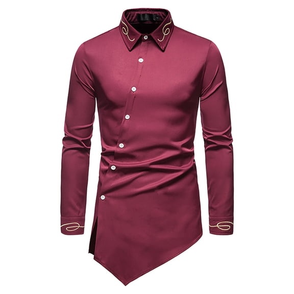 Leesechin Mens Shirts Big and Tall Men Casual Embroidered Asymmetric Long-sleeved Shirt Mens T Shirt