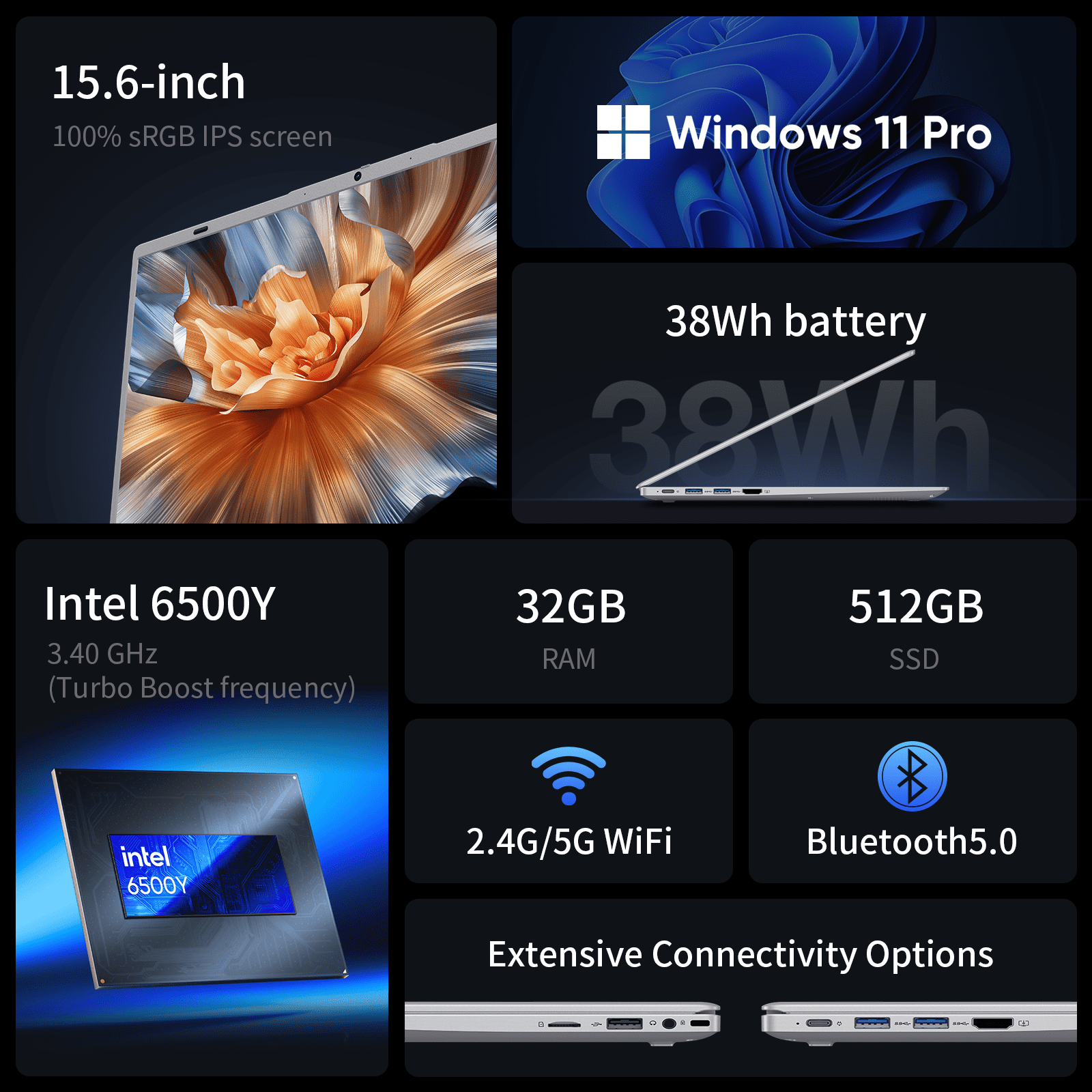 Tulasi 2026 New 15.6” Laptop Computer, Massive 32GB RAM 512GB SSD Intel Pentium Gold 6500Y up to 3.4GHz 1080P FHD Display WiFi5 BT5.0 Silver Streaming Everyday Computing