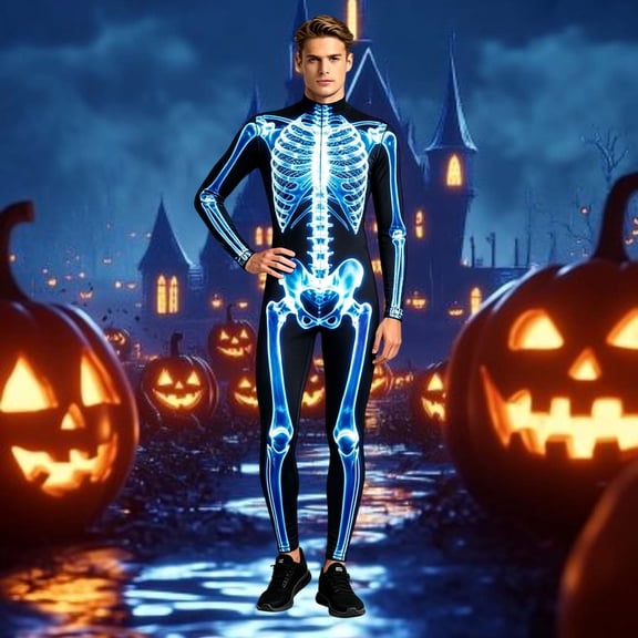 HOWPAY Adult Halloween Costumes Skull Design Bodysuit Spooky Cosplay Outfit Full Body Bone Jumpsuit For Men Women Halloween Masquerade Party Halloween Costumes L