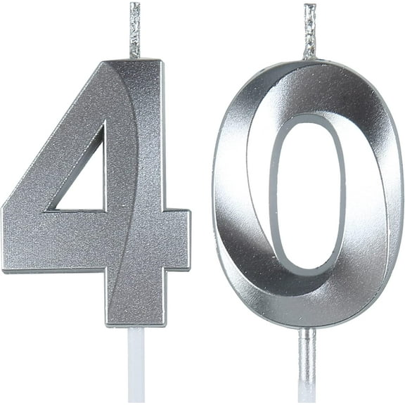 Silver 40th Birthday Candles, Number 40 Cake Topper for Birthday Decorations Party Decoration