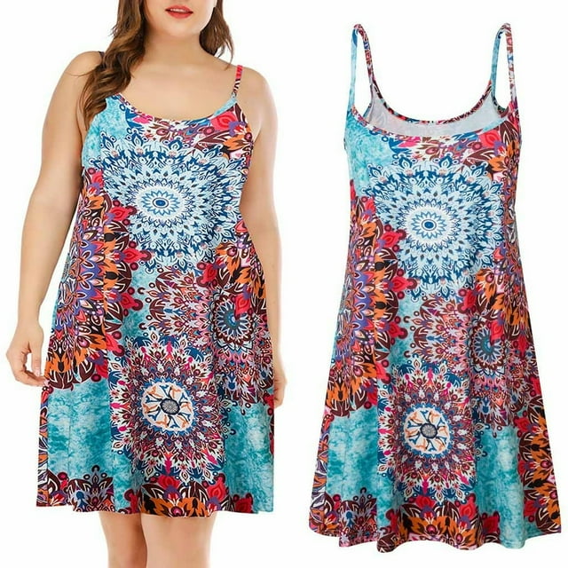 Robe Mini Décontractée Ample Sans Manches à Col Rond à Imprimé pour Femmes Grande Taille, Robe d'Été pour Fête
