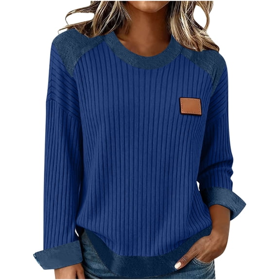 Atogsazn Women's Knitted Sweater Casual Crewneck Long Sleeve Pullover Denim Patchwork Sweatshirt Tunic Top Outfit Blue XXL Fashion
