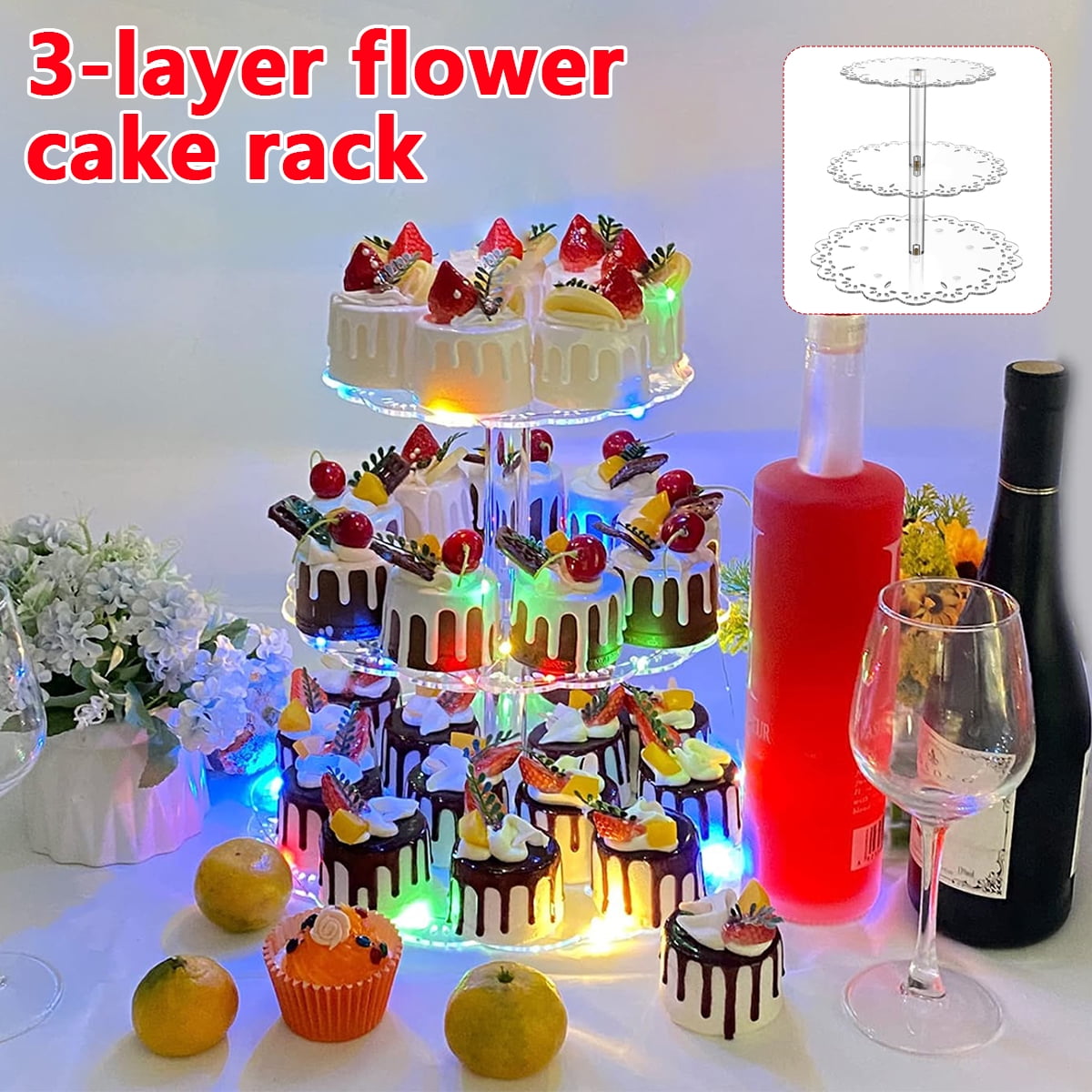 kitwin Cupcake Stands with 3 Tier Colorful Light Strip Round Acrylic