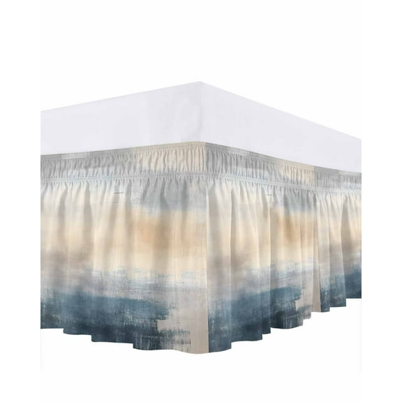 Ombre Blue Navy Beige Bed Skirt Queen Size 16" Drop Modern Abstract Art Ruffled Wrap Around Bed Skirts Adjustable Elastic Bedskirt Dust Ruffle for Queen Size Bed