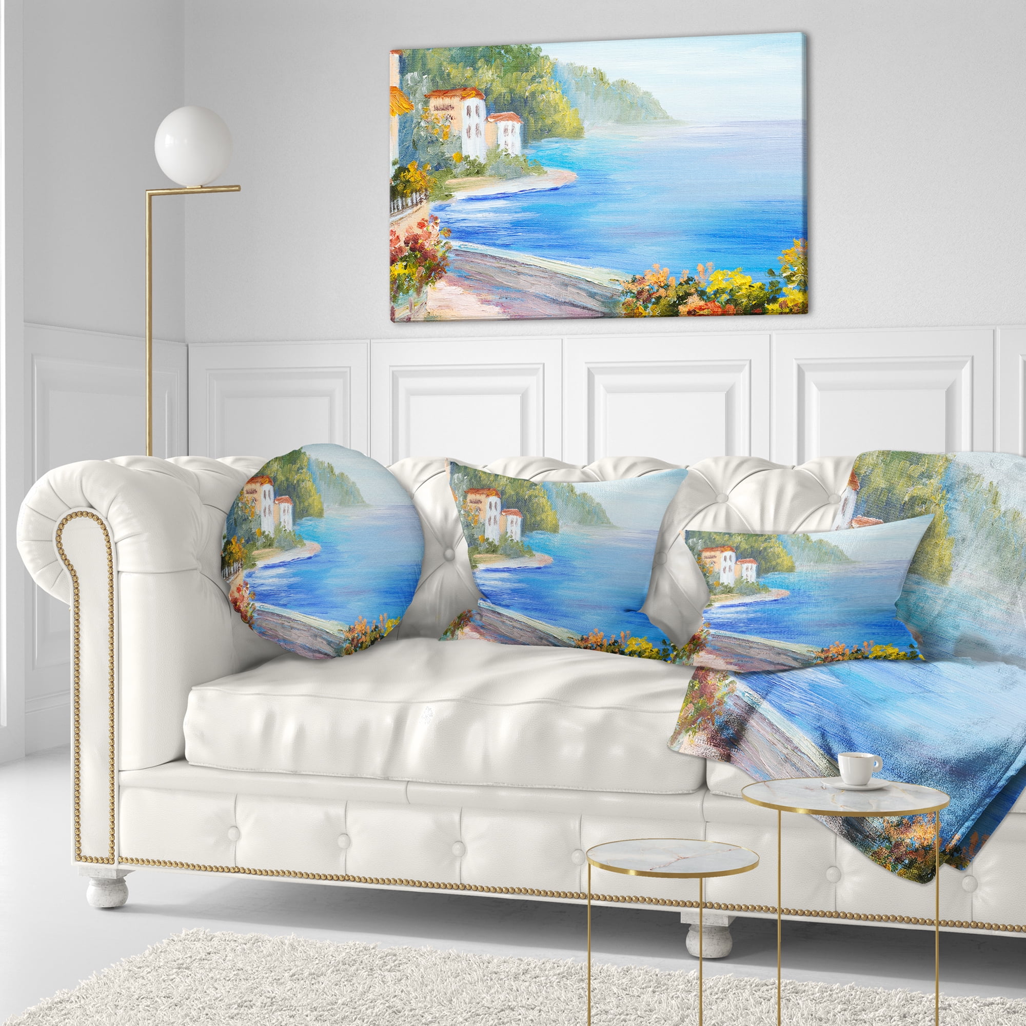 Designart House Near Blue Sea - Landscape Printed Throw Pillow - 12x20