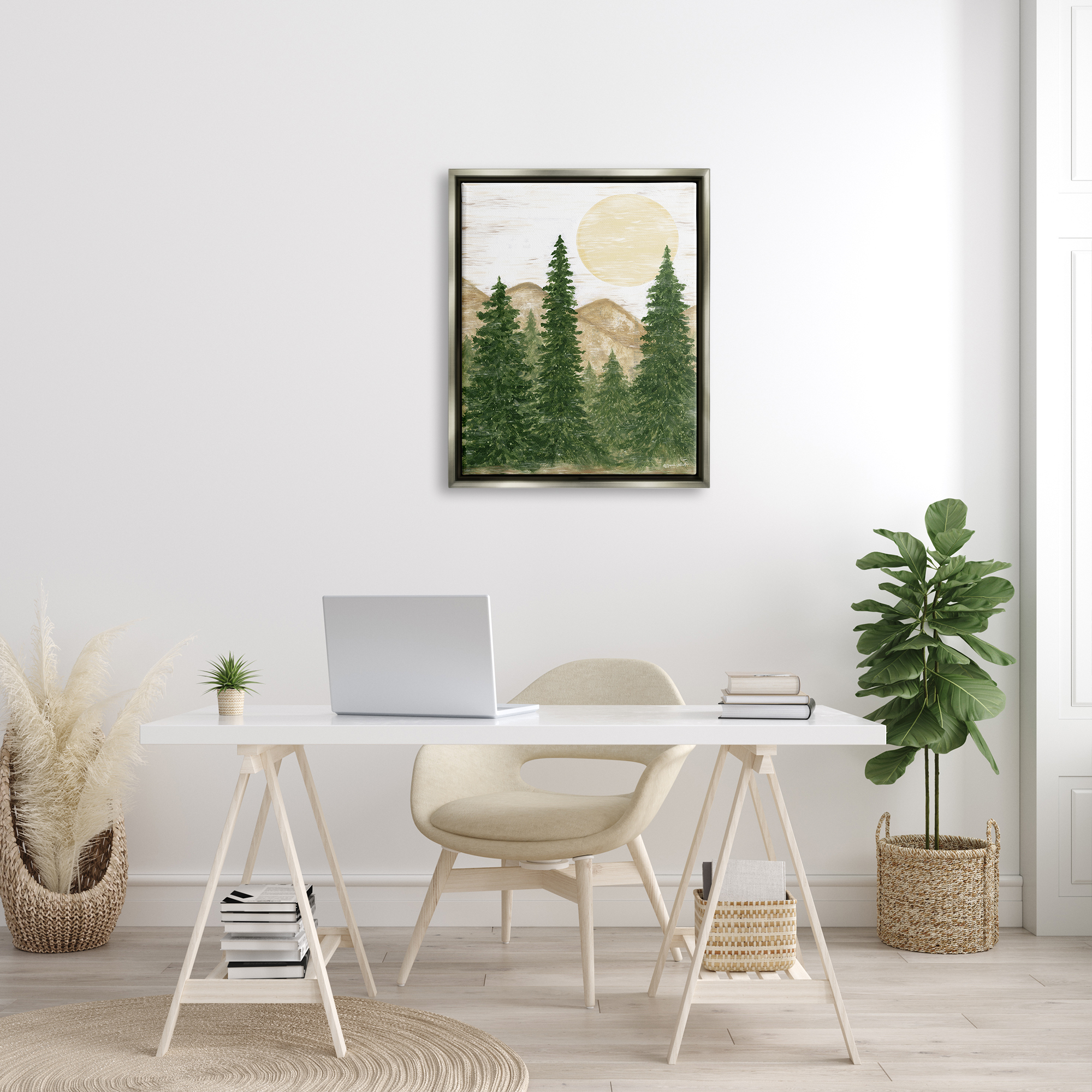 Stupell Rustic Mountain Sun Forest Trees Landscape Painting Gray Floater Framed Art Print Wall Art
