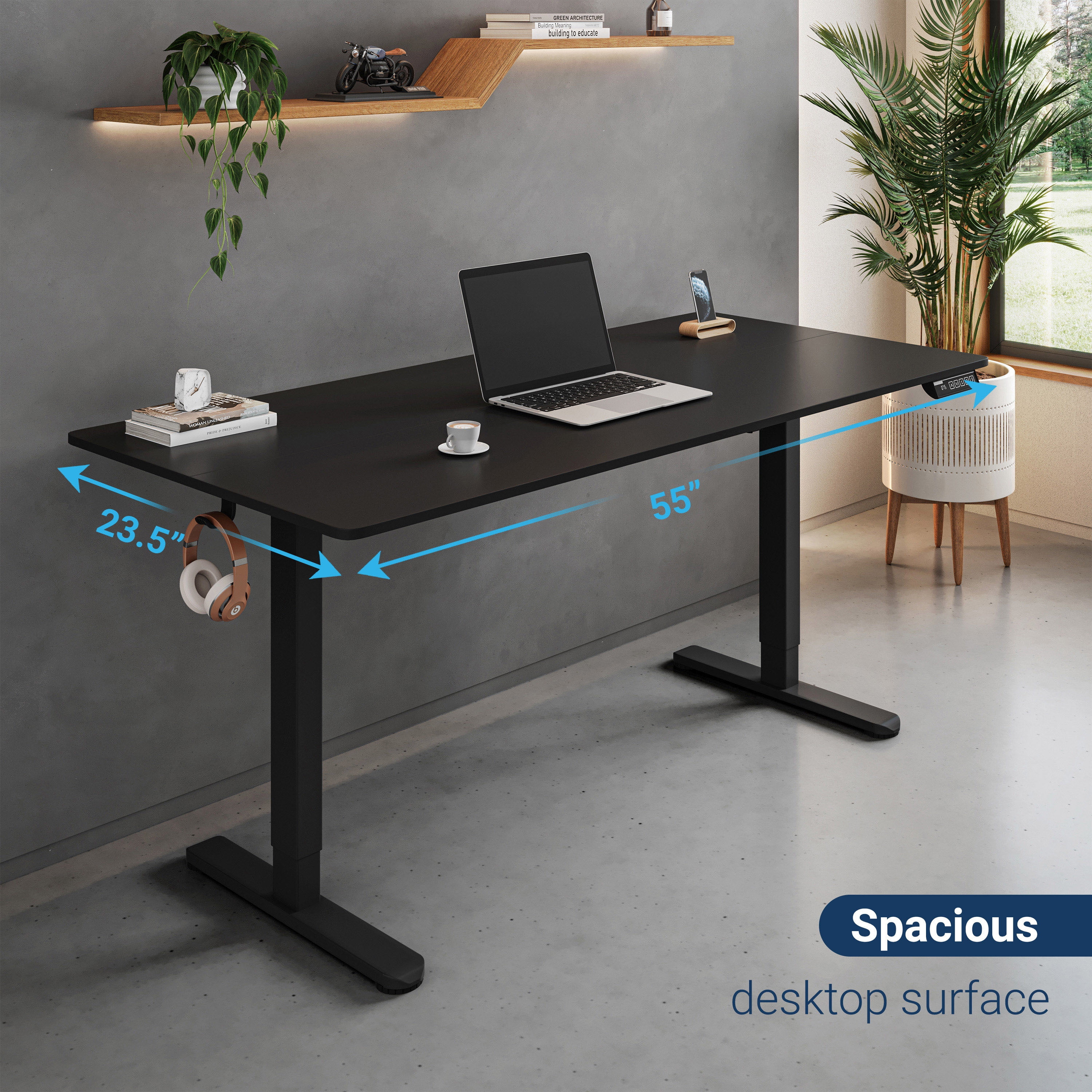 Techni Mobili 55” W Electric Standing Desk, Height Adjustable Sit-to-Stand Desk with 3 Memory Presets and Dual Accessory Hooks, Black