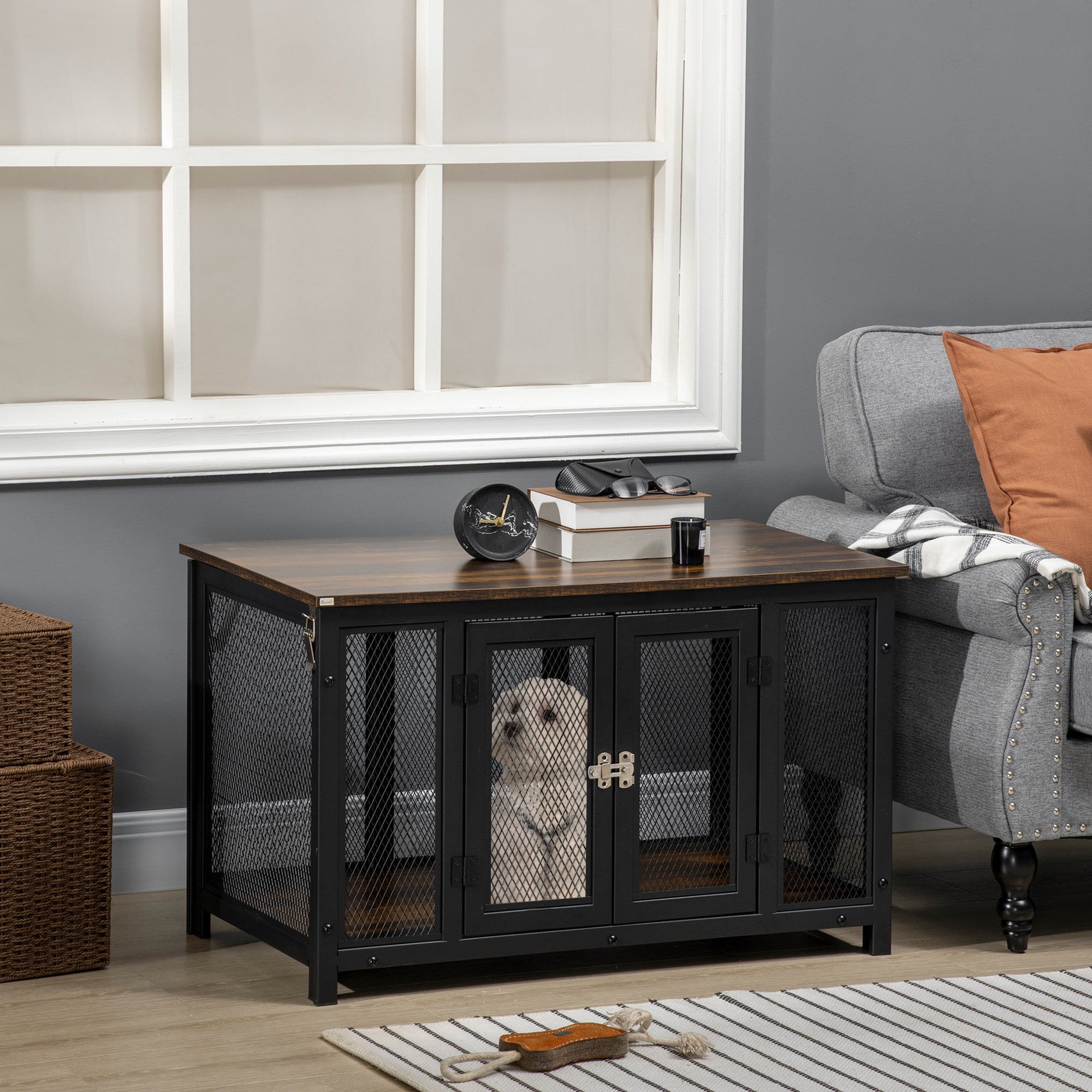 Dog Bed PawHut Furniture Style Dog Crate with Openable Top, Big Dog Crate End Table, Puppy Crate for Small Dogs Indoor, Spacious Interior, Pet Kennel, Brown, Black,Large Dog Bed