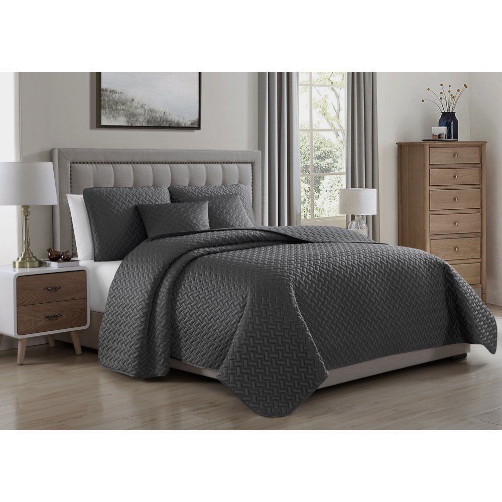 SupraSoft Francesco 3Piece Matte Satin Quilted Coverlet, Charcoal Grey