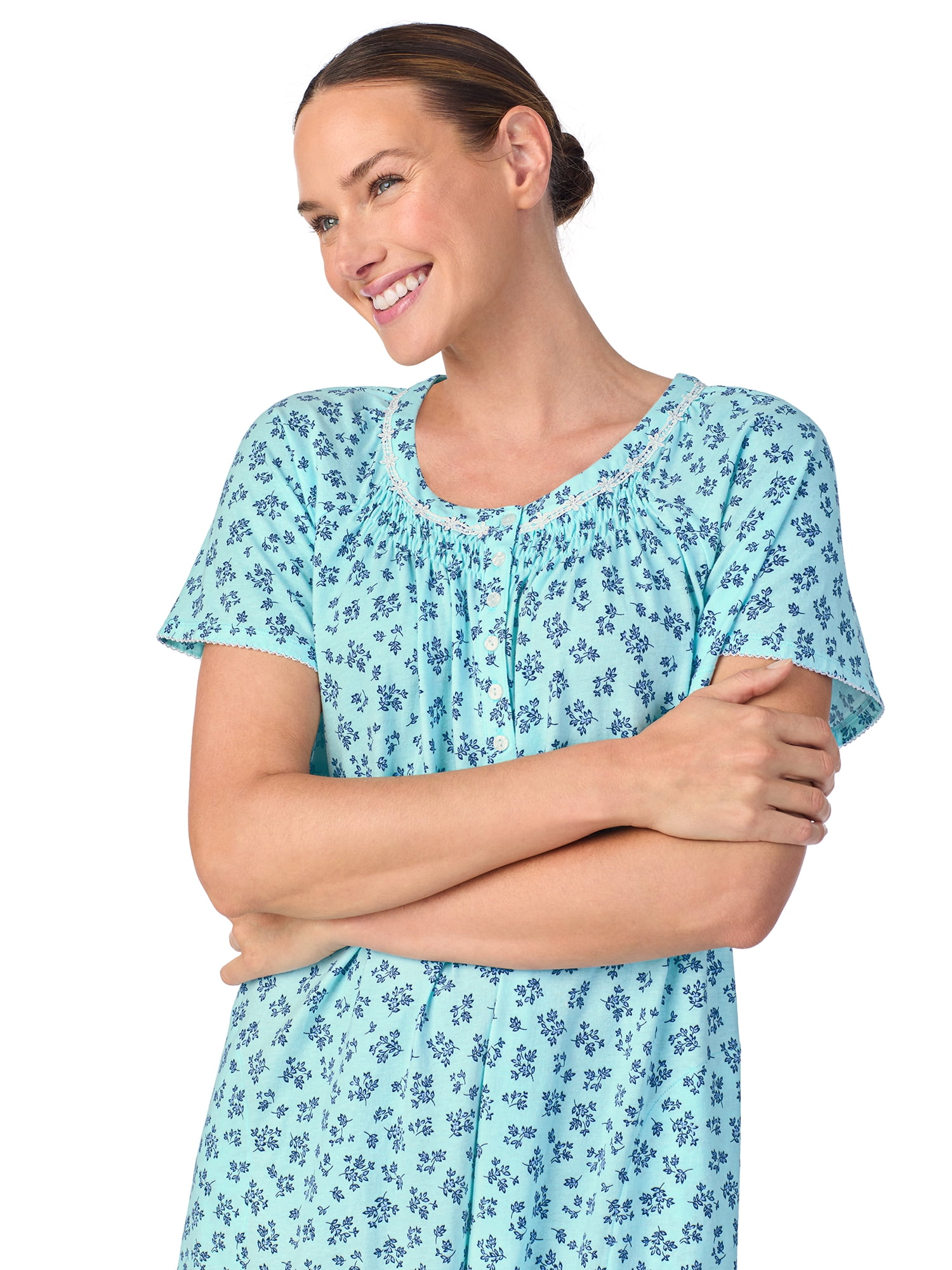 Aria Women's 100% Cotton Raglan Sleeve Smocked Neck Sleepwear 40" Gown, Sizes XS-5X