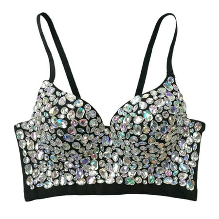 

AOOOWER Women Sexy V-Neck Rhinestone Bustier Bra Glitter Colored Diamond Gemstone Push Up Corset Camisole Rave Sling Crop Top