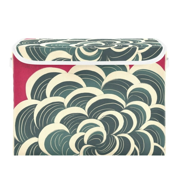 Swirls Japanese Woodblock Print Style Large Storage Bins with Linen Collapsible Lid Storage Box 16.7 x 12.6 x 11.8in