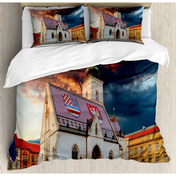 Croatia Duvet Cover Set King Size, Photo of Building in Zagreb at Sunset with Dramatic Sky, Decorative 3 Piece Bedding Set with 2 Pillow Shams, Multicolor, by Ambesonne