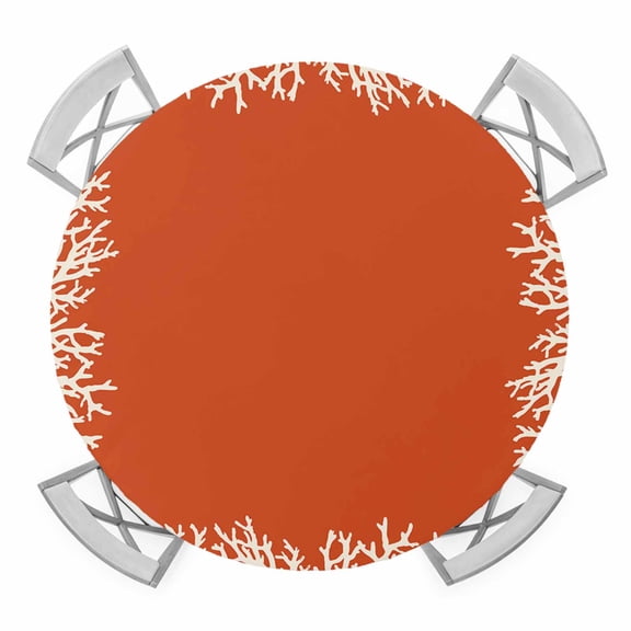 Elastic Fitted Round Tablecloth, Coastal Coral Waterproof Stretch Table Cover for 45"-54" Tables, Orange White Ocean Marine Nautical Beach Washable Outdoor Tablecloths for Patio, Picnic, Camping