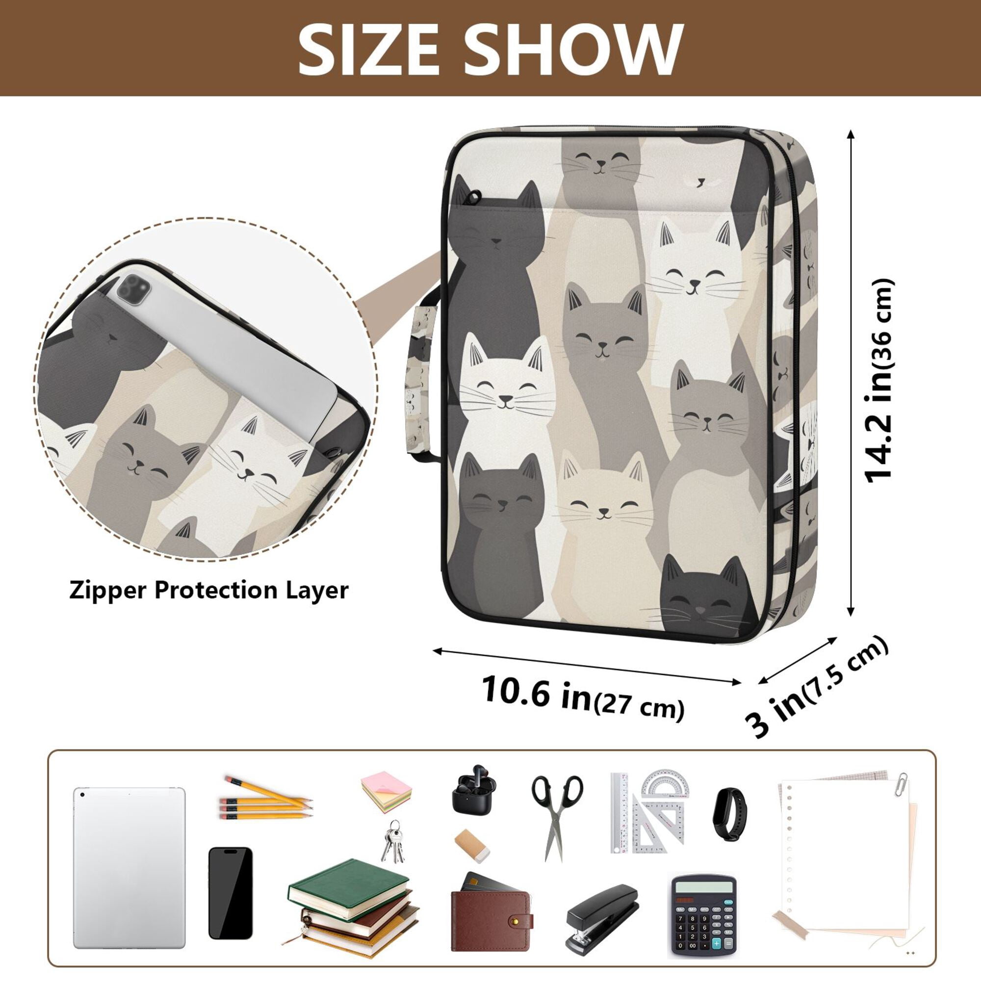 FORMRS Accordion File Folder A4 Size 7-Pocket Expanding Document Organizer Bag with 3 Ring Binder, Beige Cute Cats