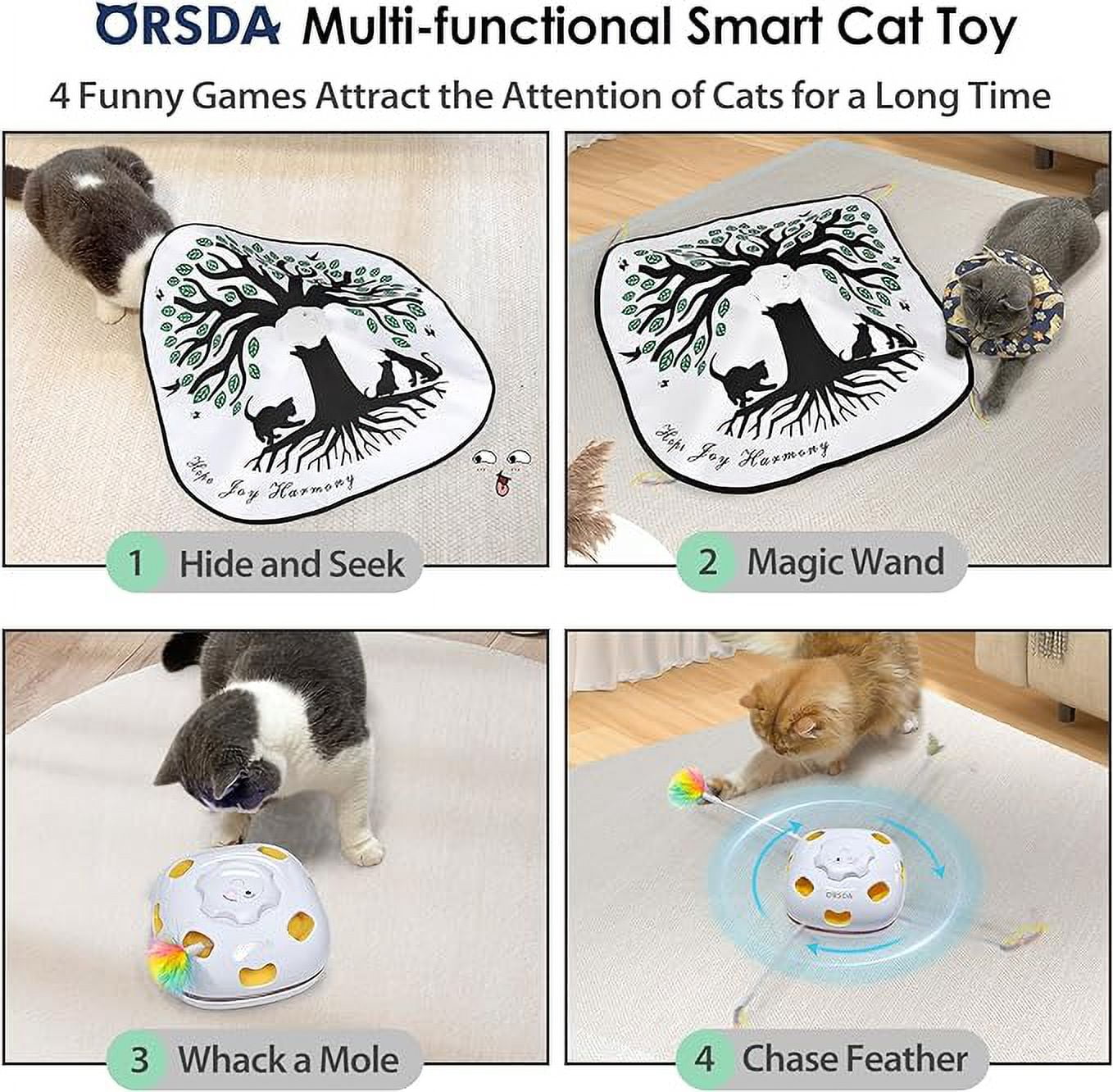ORSDA Cat Toys Rechargeable, 4in 1 Interactive Kitten Toy for Indoor Cats, Automatic Hide and Seek Self Play Cat Feather Wand Toy with Smart Sensing, Whack a Mole, Chase Feather for All Breeds