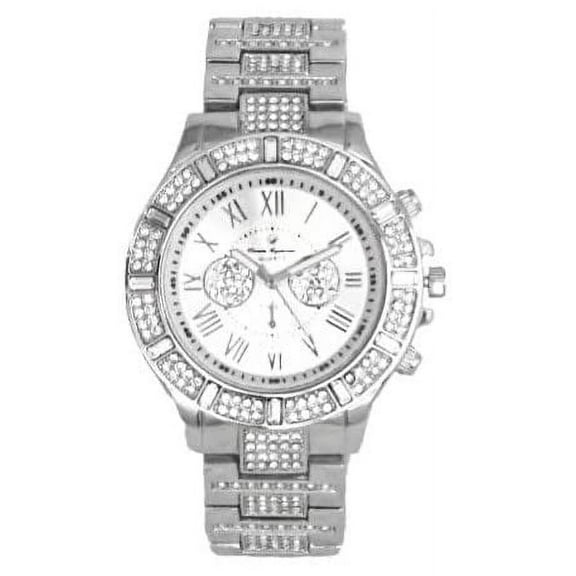 Iced Mens Single Watch with Big Rhinestones on Trim and Elegant Baguette Time Indicators on Dial - Master Bling Designer - ST10226B (ST10506 Silver)