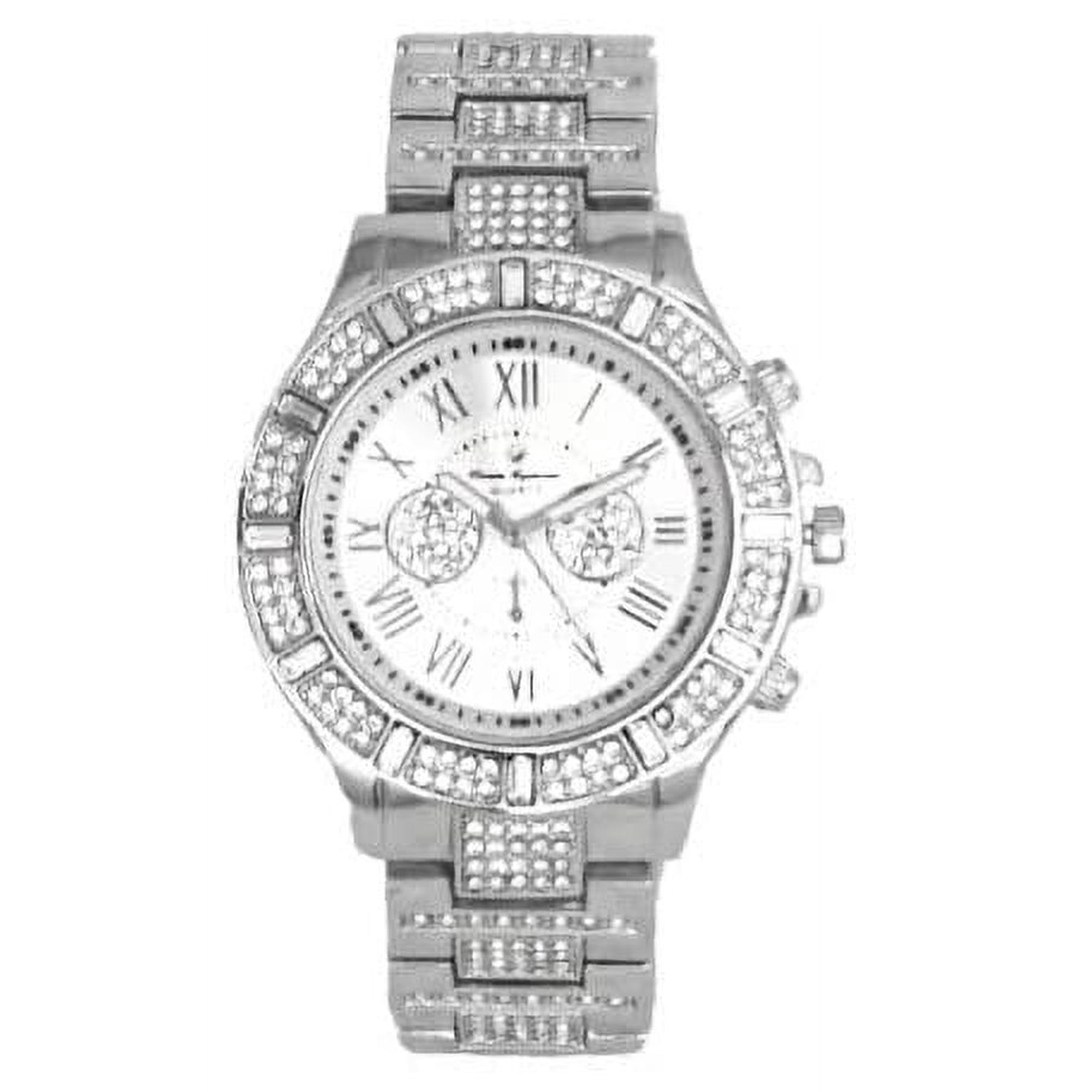 Iced Mens Single Watch with Big Rhinestones on Trim and Elegant Baguette Time Indicators on Dial - Master Bling Designer - ST10226B (ST10506 Silver)